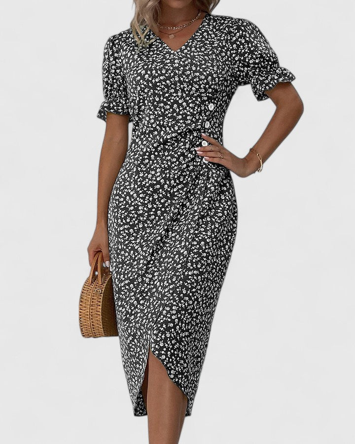 Juliette | Damen Geblümtes Wickel Sommerkleid mit kurzen Ärmeln
