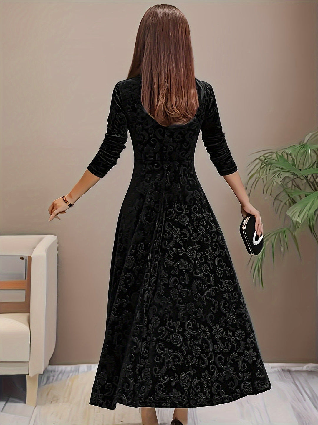 Sylvia | Damen Langarm Blumenmuster Abend Midikleid