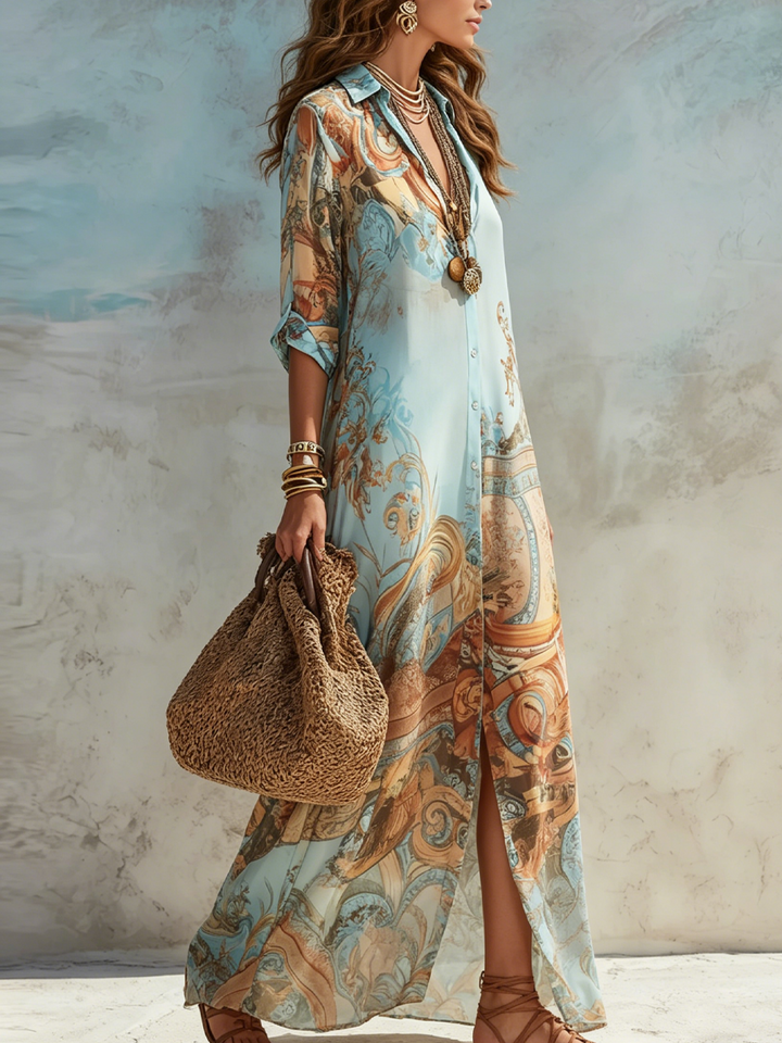 Anna | Robe longue fluide à col chemise et motif floral