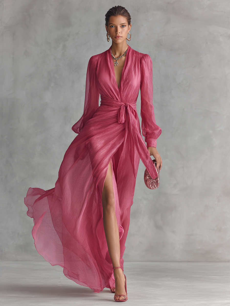 Marie | Abito lungo elegante da donna rosa con scollo a V e maniche lunghe a portafoglio