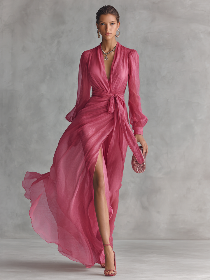 Marie | Abito lungo elegante da donna rosa con scollo a V e maniche lunghe a portafoglio