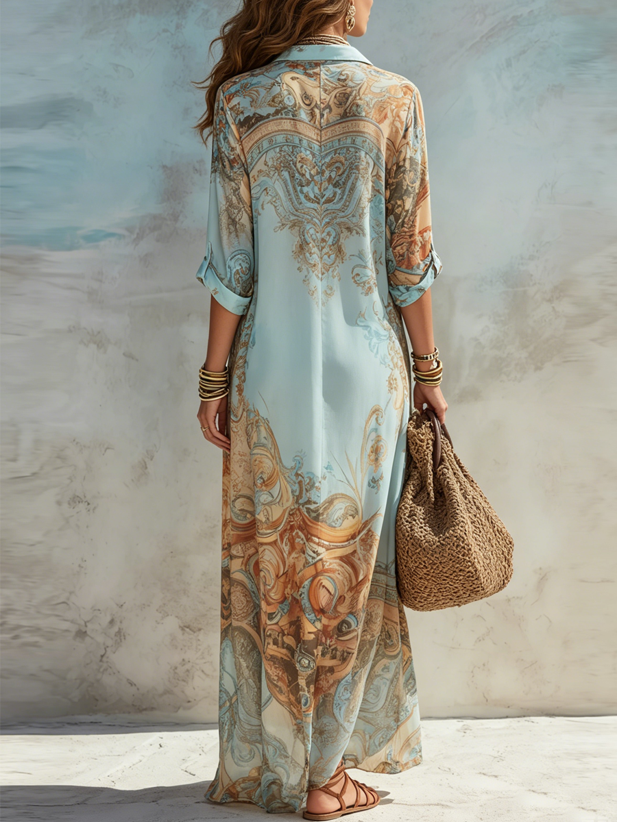 Anna | Robe longue fluide à col chemise et motif floral