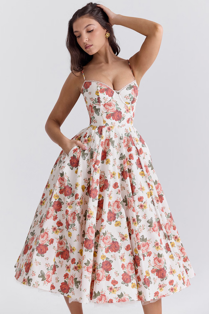 Verena | Damen Sommer Spaghettiträger Hochzeitsgast Midikleid