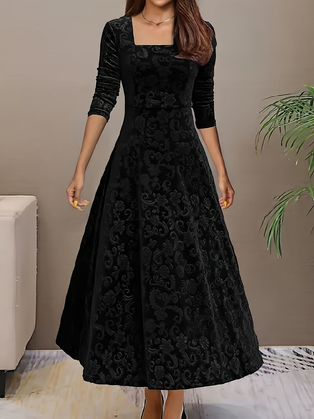 Sylvia | Damen Langarm Blumenmuster Abend Midikleid