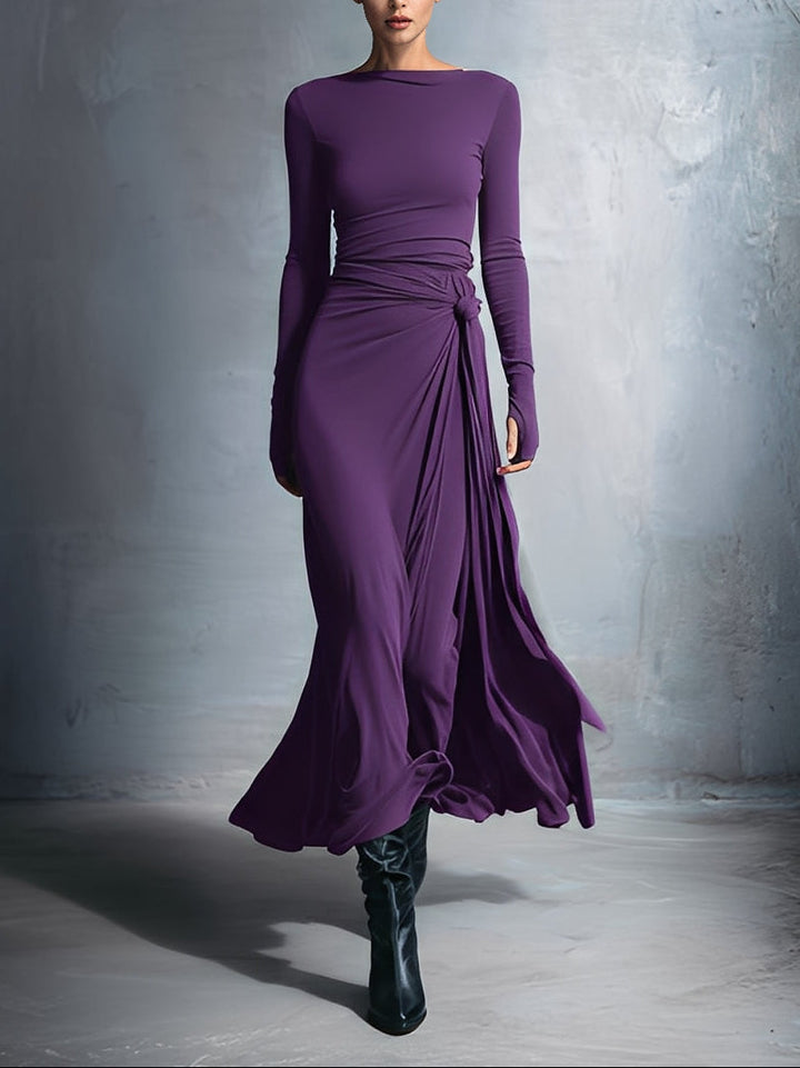 Laura | Damen Elegant Drapiertes Langarm Maxikleid