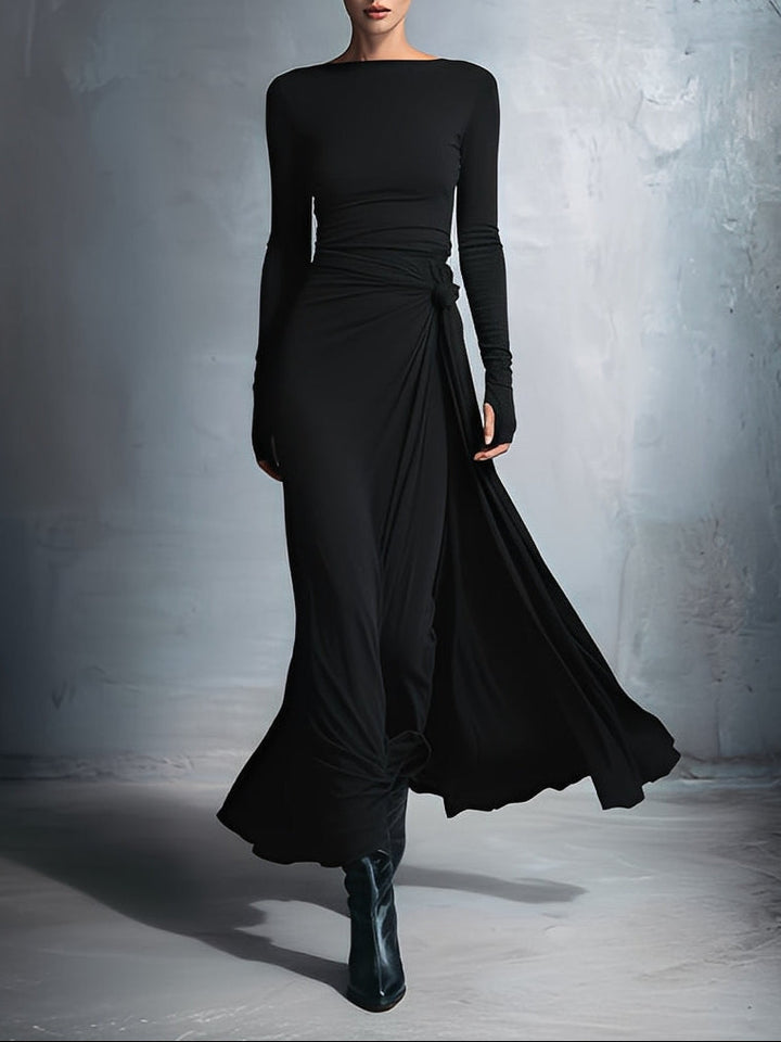 Laura | Damen Elegant Drapiertes Langarm Maxikleid
