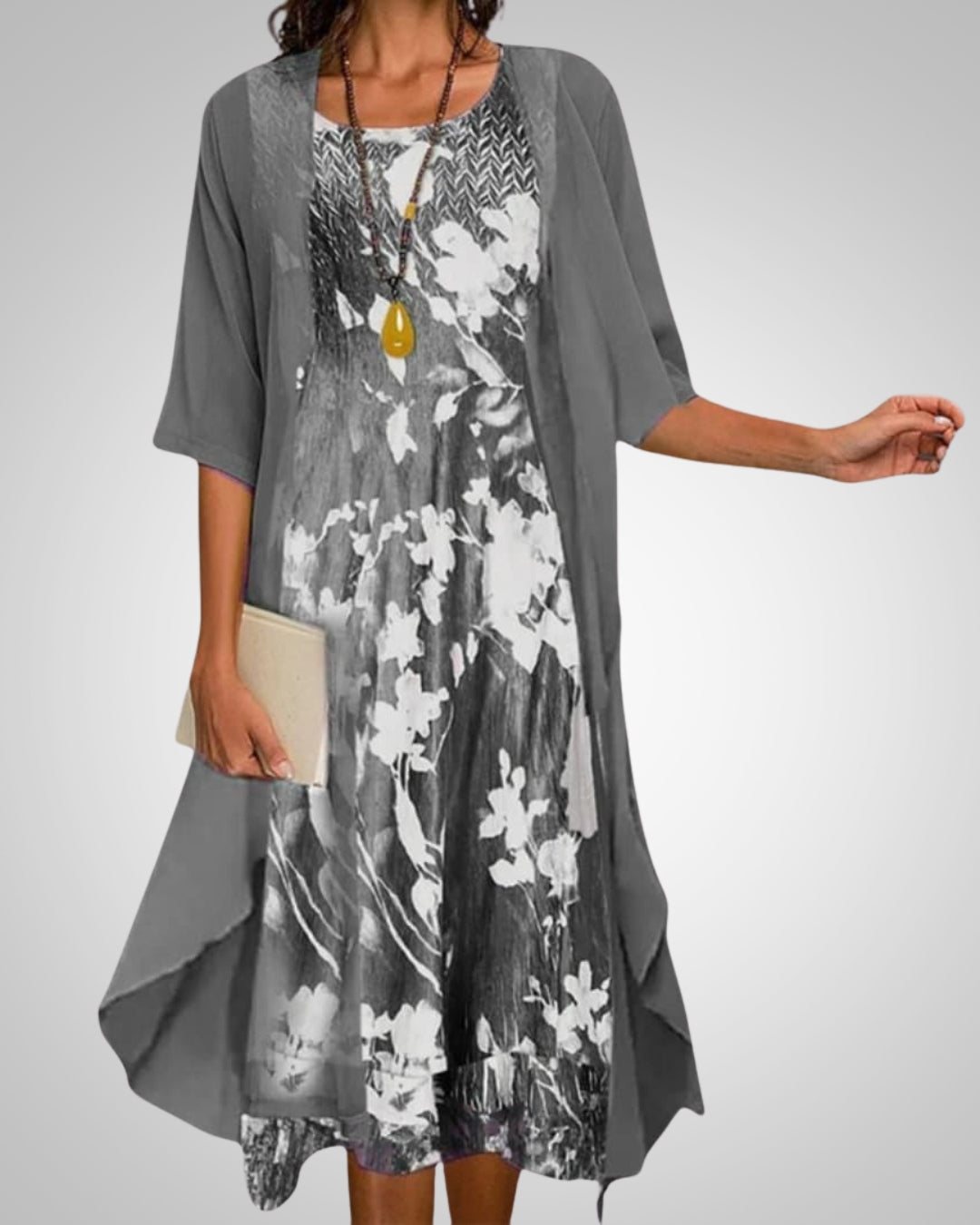 Elvira | Damen Bedrucktes Boho Midikleid Mit Cardigan Set