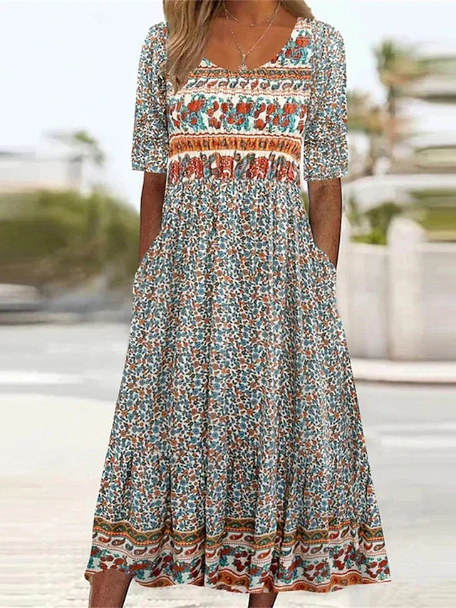 Ricarda | Damen Sommer Bedrucktes Boho Midikleid