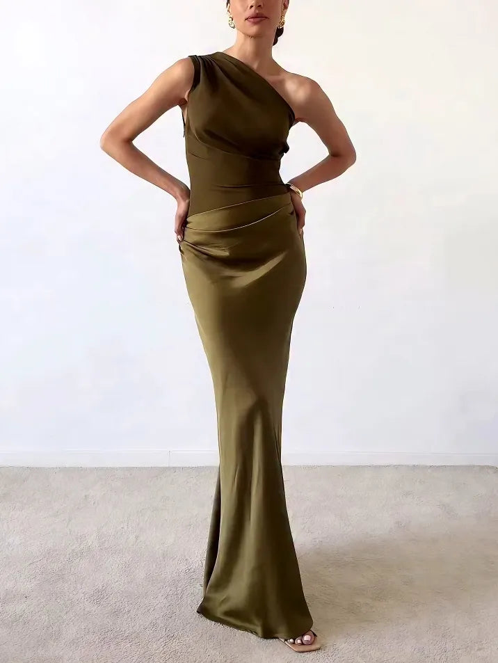 Selena | Damen Lässiges Asymmetrischer Ausschnitt Drapiertes Maxikleid