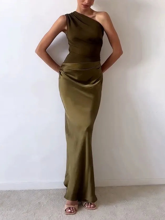 Selena | Damen Lässiges Asymmetrischer Ausschnitt Drapiertes Maxikleid