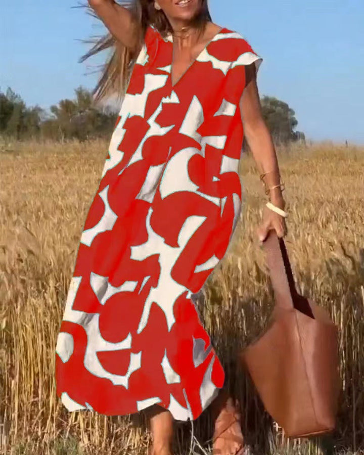 Isabelle | Damen Bedrucktes V-Ausschnitt Maxi Kleid