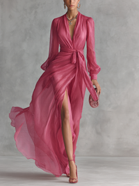 Marie | Abito lungo elegante da donna rosa con scollo a V e maniche lunghe a portafoglio