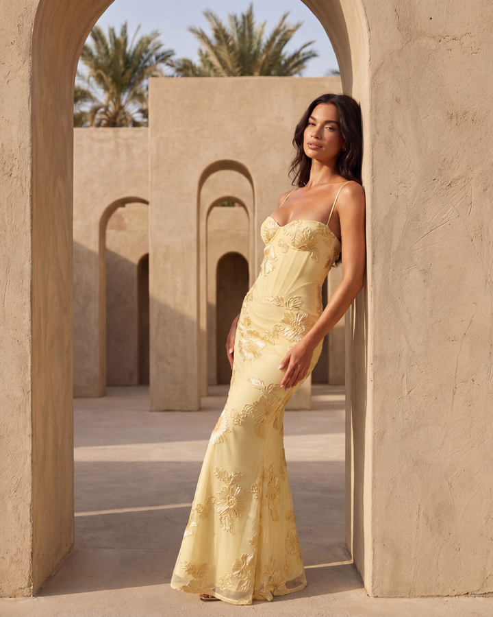 Florence | Damen Formelles Hochzeitsgast Kleid mit Blumenapplikationen