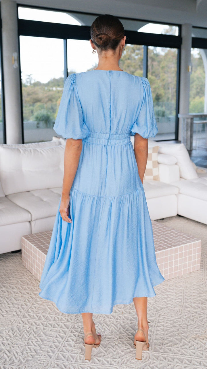 Emma | Damen Elegantes V-Ausschnitt Hochzeitsgastkleid mit Puffärmel