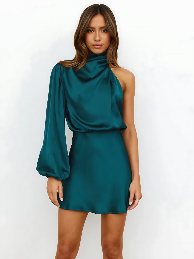 Lisa | Damen Elegant One-Shoulder Satin Midikleid