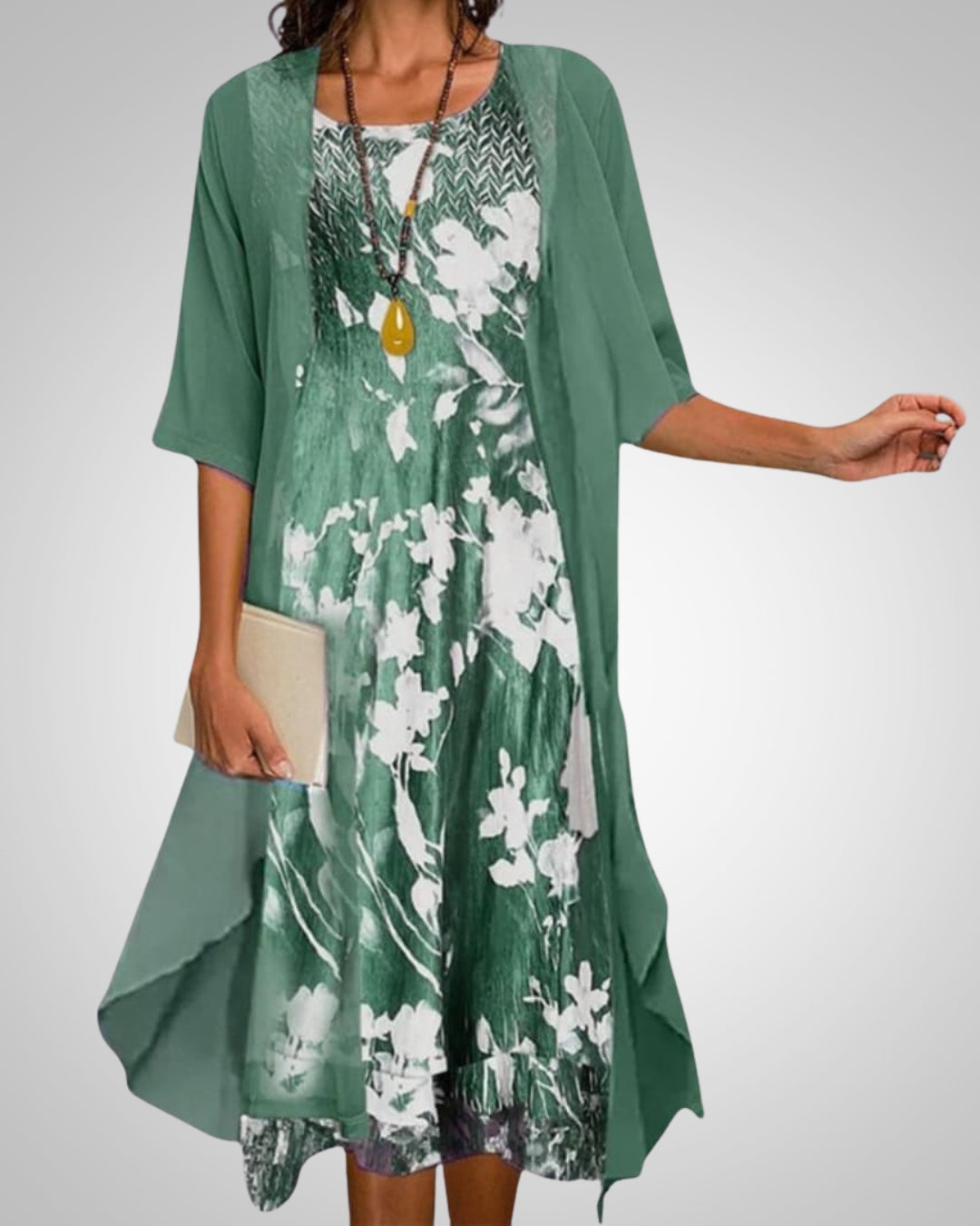 Elvira | Damen Bedrucktes Boho Midikleid Mit Cardigan Set