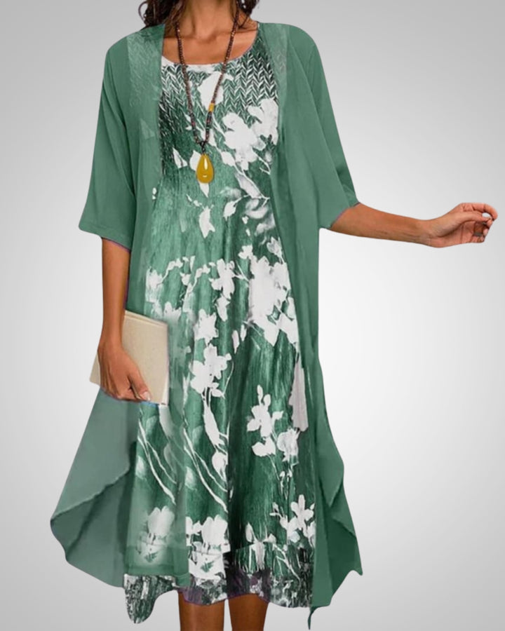 Elvira | Damen Bedrucktes Boho Midikleid Mit Cardigan Set