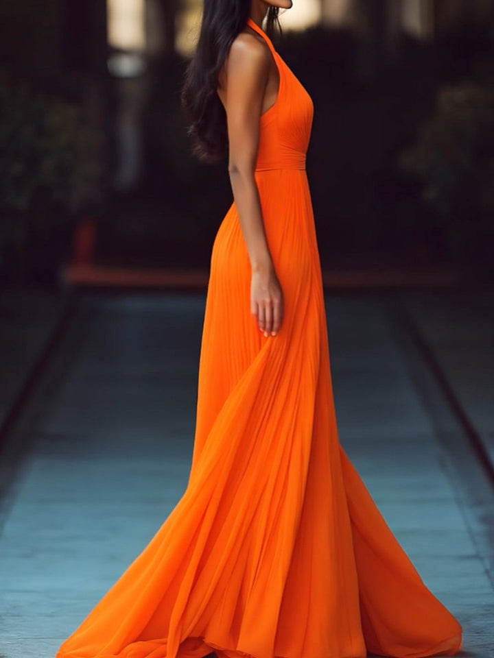 Katija | Damen Elegantes Halterneck V Ausschnitt Maxikleid