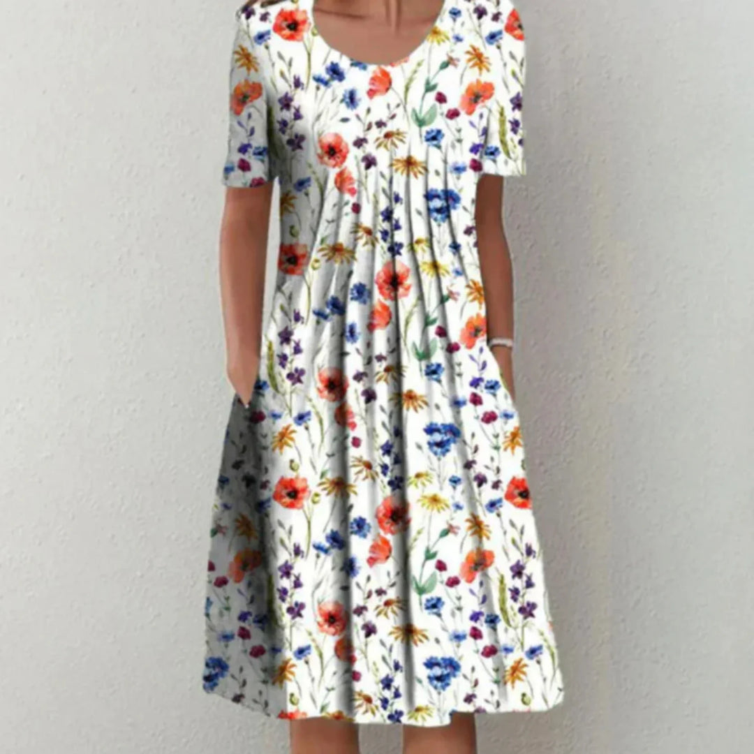 Jana | Damen Lässig Rundhalsausschnitt Geblümt Sommer Midikleid