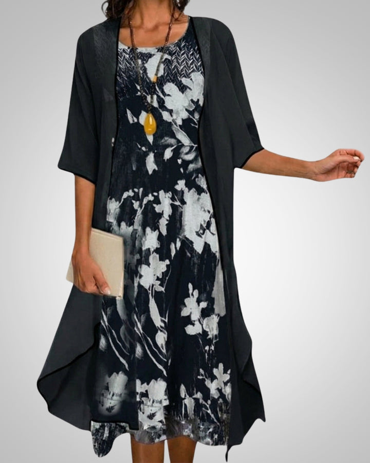 Elvira | Damen Bedrucktes Boho Midikleid Mit Cardigan Set