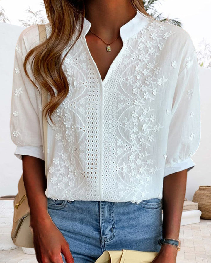 Ylva | Damen Elegant Bestickte Kurzarmbluse