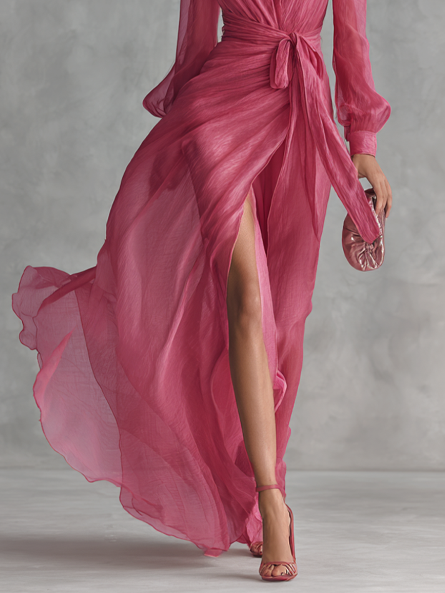 Marie | Abito lungo elegante da donna rosa con scollo a V e maniche lunghe a portafoglio