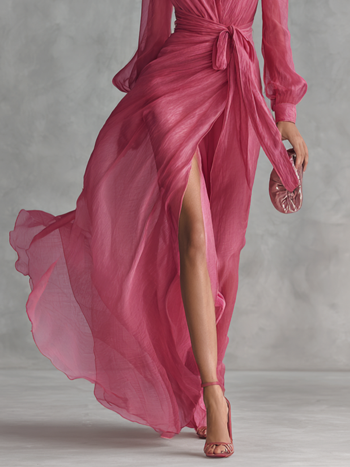 Marie | Abito lungo elegante da donna rosa con scollo a V e maniche lunghe a portafoglio