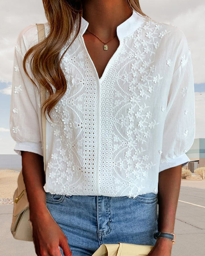 Ylva | Damen Elegant Bestickte Kurzarmbluse