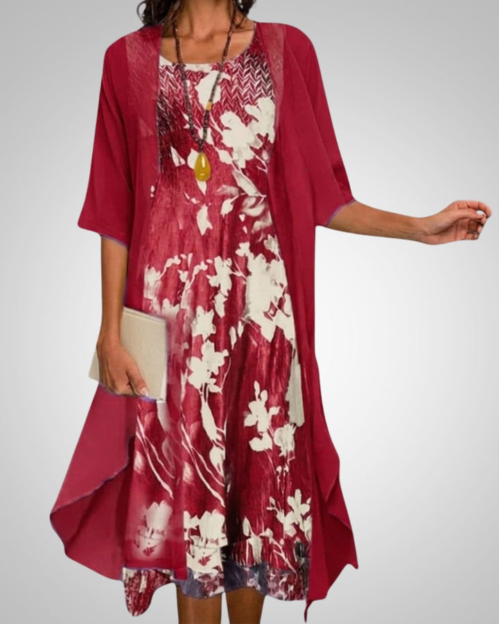 Elvira | Damen Bedrucktes Boho Midikleid Mit Cardigan Set