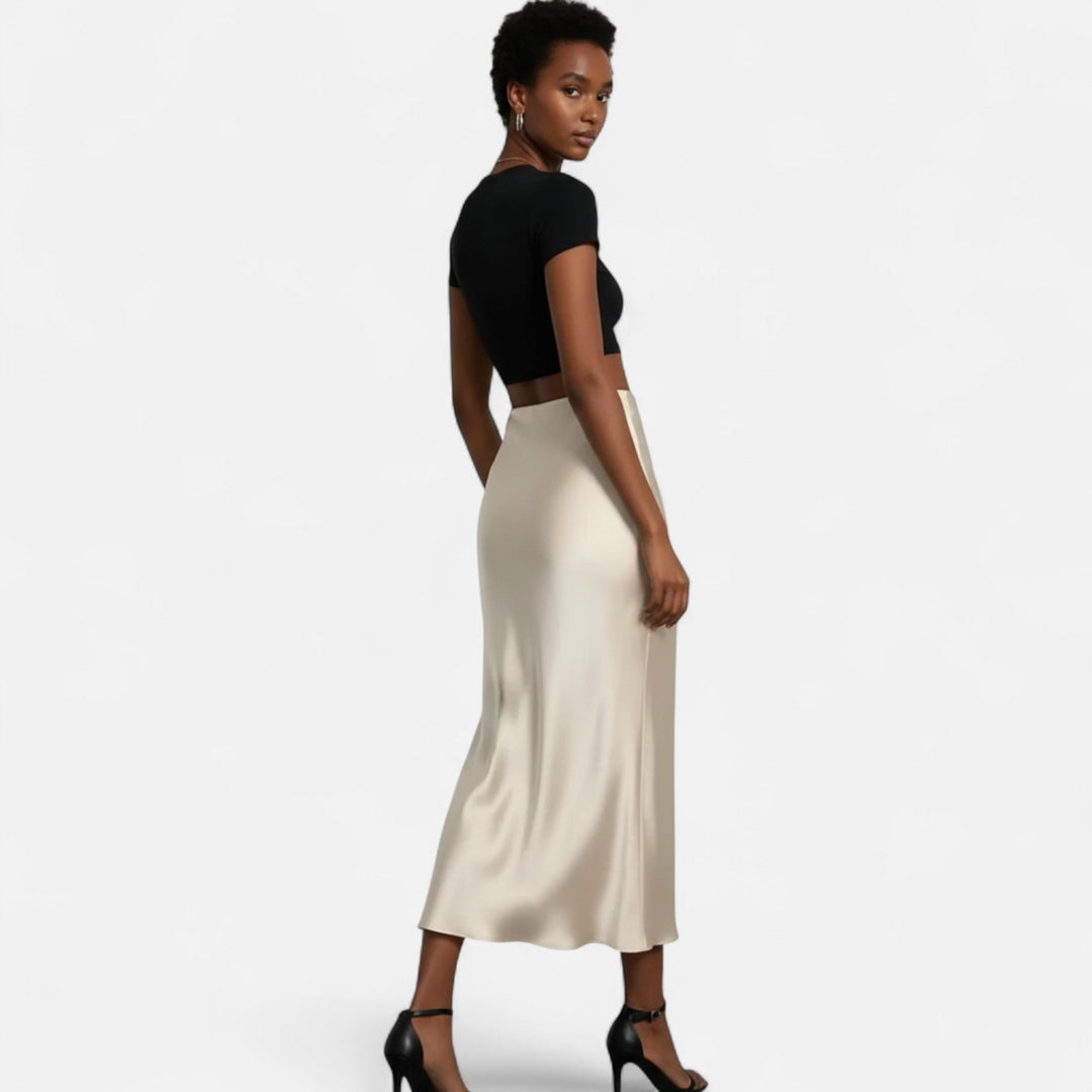 Delia | Damen Eleganter Satin Midirock im Schrägschnitt