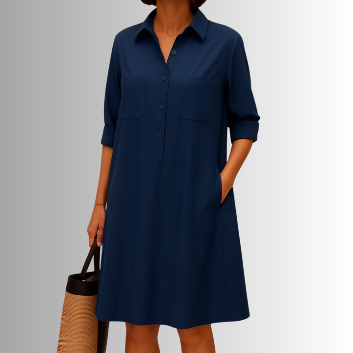 Svea | Damen Stilvolles Midi Hemdkleid Mit Knöpfen