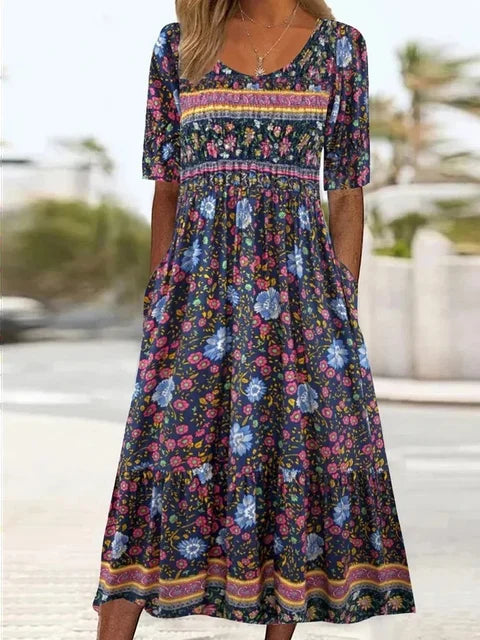Ricarda | Damen Sommer Bedrucktes Boho Midikleid