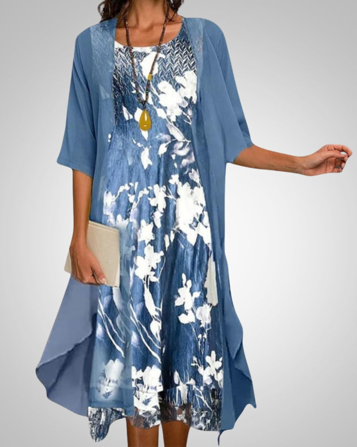 Elvira | Damen Bedrucktes Boho Midikleid Mit Cardigan Set