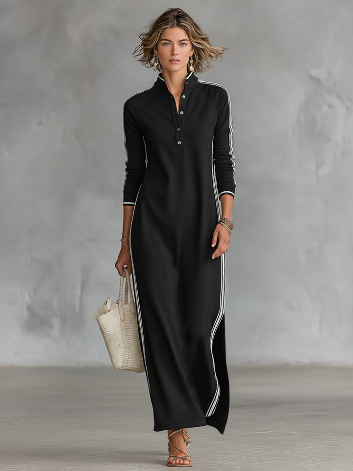 Bettina | Damen Elegantes Kragen Maxikleid mit Knöpfen