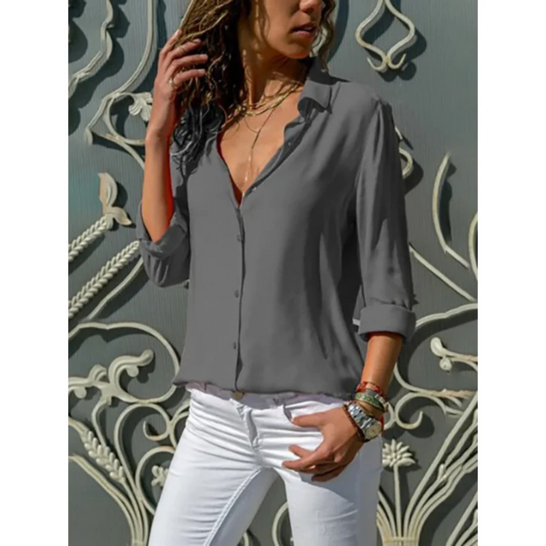 Eva | Damen Sommer Knopfleiste V-Ausschnitt Bluse