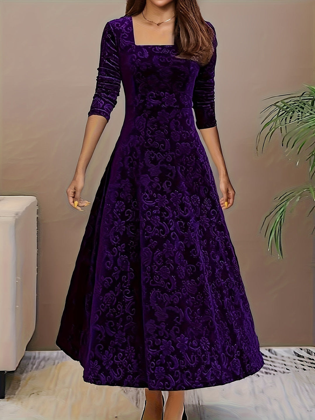 Sylvia | Damen Langarm Blumenmuster Abend Midikleid