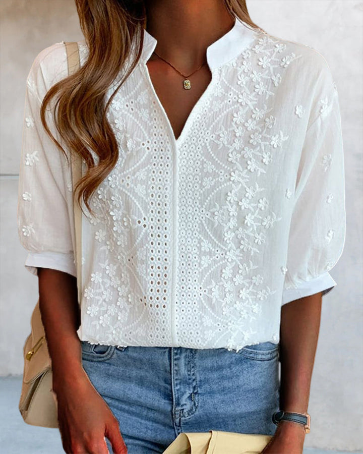 Ylva | Damen Elegant Bestickte Kurzarmbluse