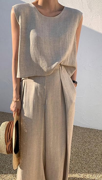 Karin | Damen Ärmelloses Zweiteiliges Leinen Set