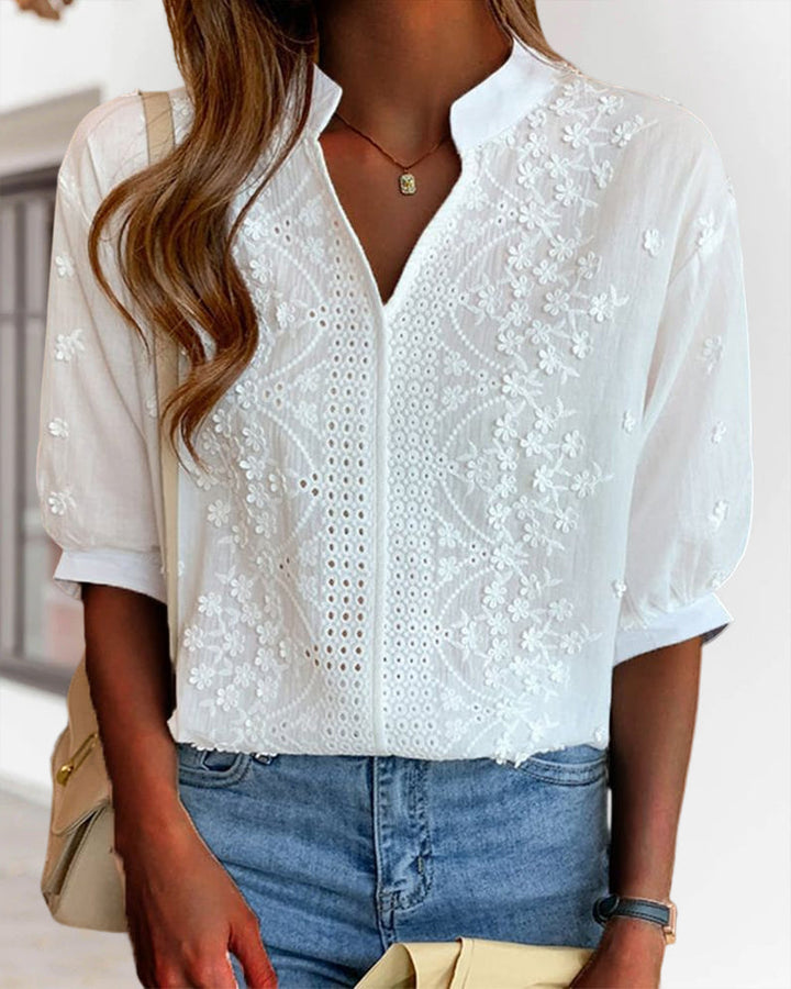 Ylva | Damen Elegant Bestickte Kurzarmbluse