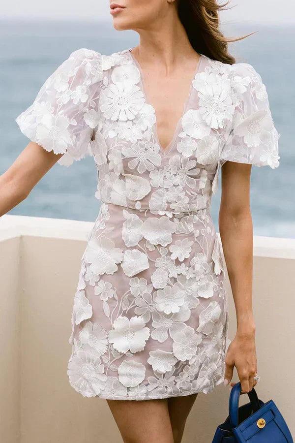 Carmen | Damen Elegant Puffärmel Blumenmuster Minikleid