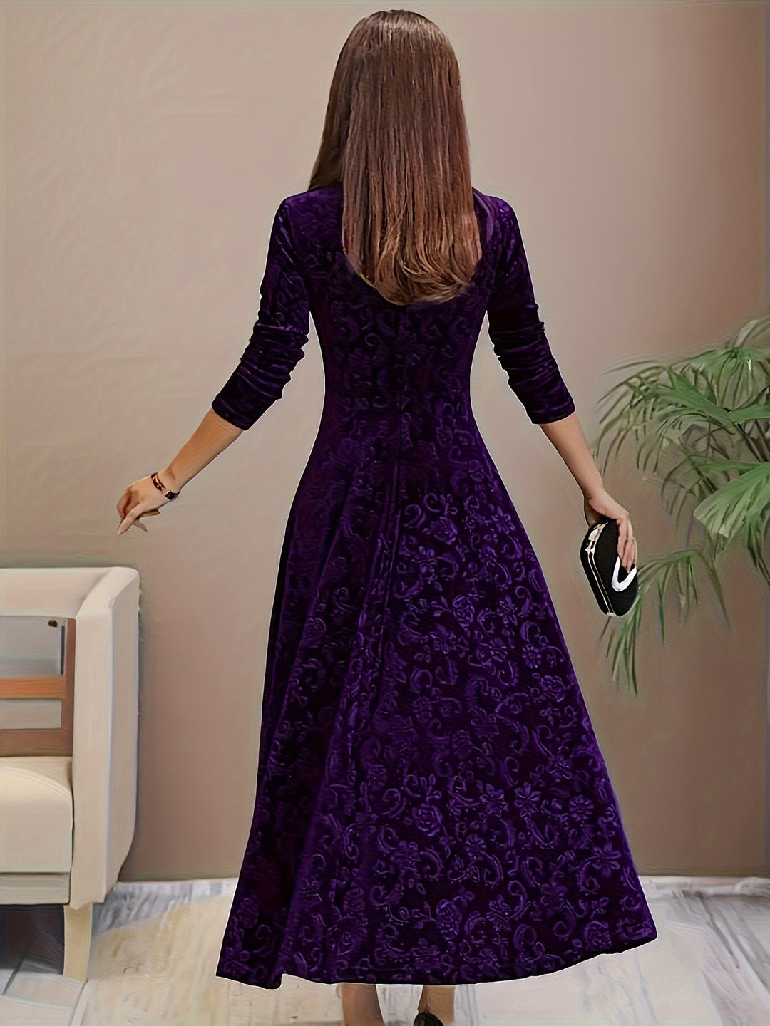 Sylvia | Damen Langarm Blumenmuster Abend Midikleid