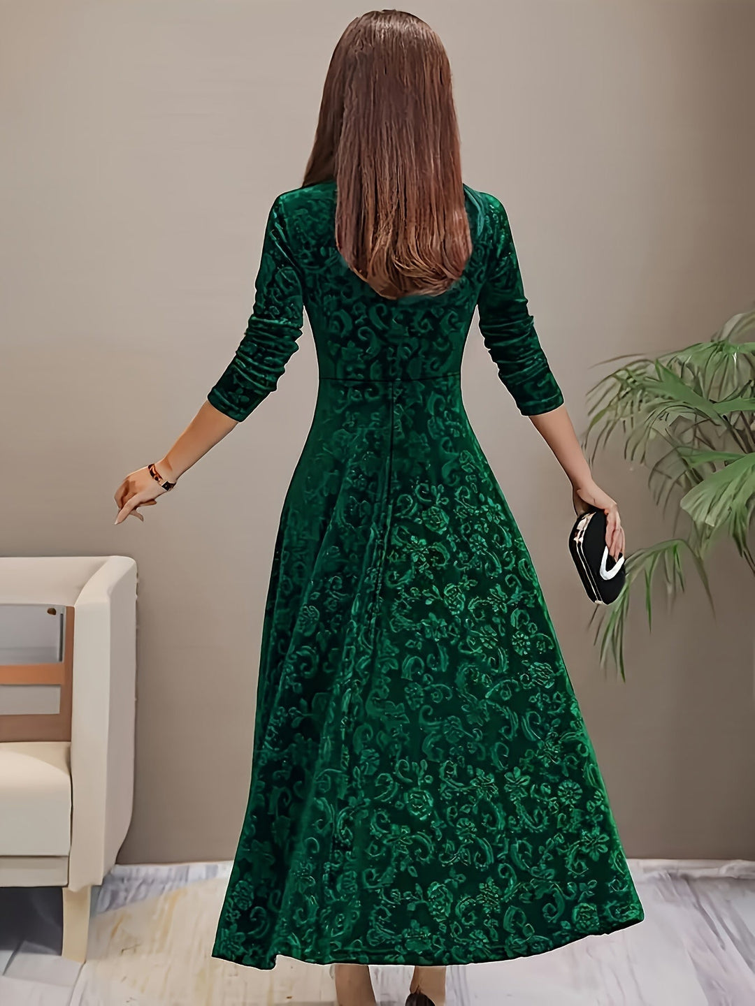 Sylvia | Damen Langarm Blumenmuster Abend Midikleid