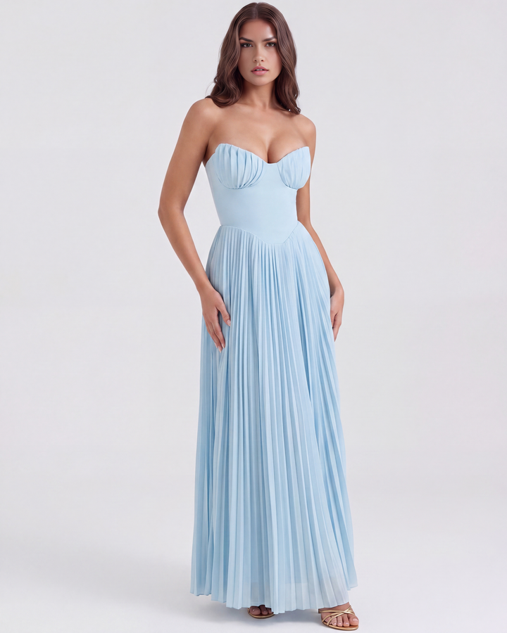 Mirjam | Damen Elegantes Plissiertes Maxikleid in Babyblau