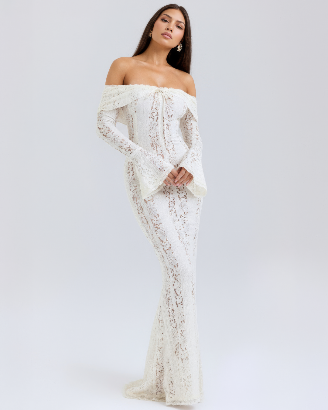 Christa | Damen Elegantes Off Shoulder Hochzeitsgastkleid mit Spitze