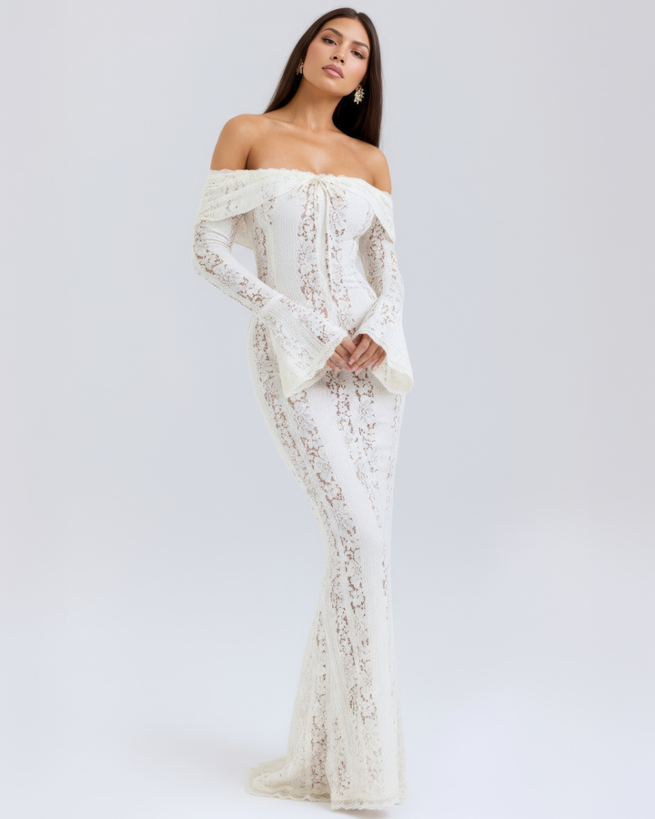 Christa | Damen Elegantes Off Shoulder Hochzeitsgastkleid mit Spitze