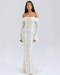 Christa | Damen Elegantes Off Shoulder Hochzeitsgastkleid mit Spitze