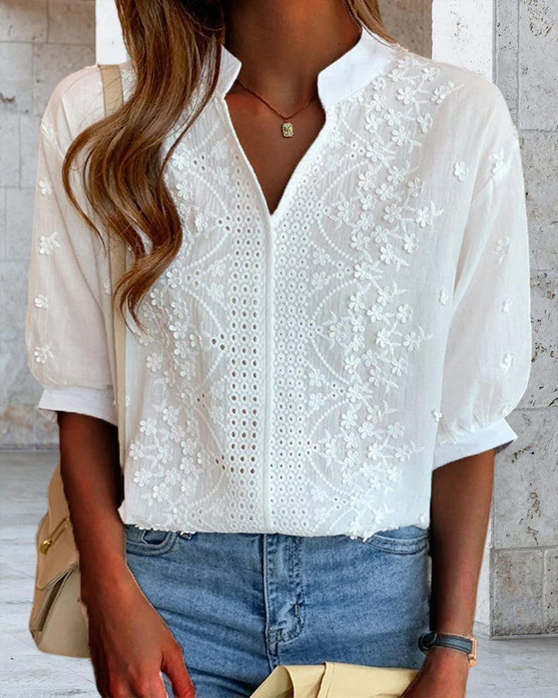 Ylva | Damen Elegant Bestickte Kurzarmbluse
