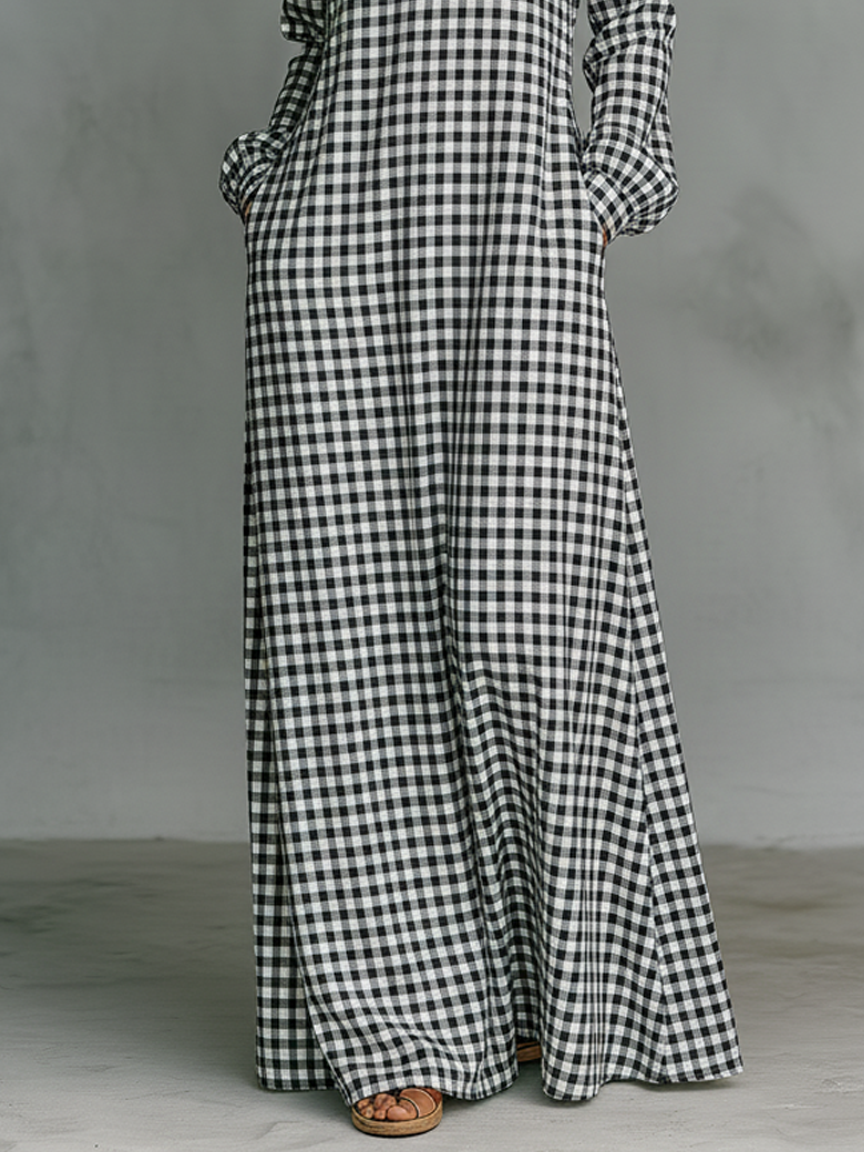 Juliana | Damen Kariertes Langarm Maxikleid mit V-Ausschnitt