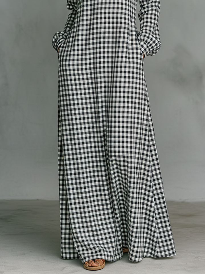 Juliana | Damen Kariertes Langarm Maxikleid mit V-Ausschnitt