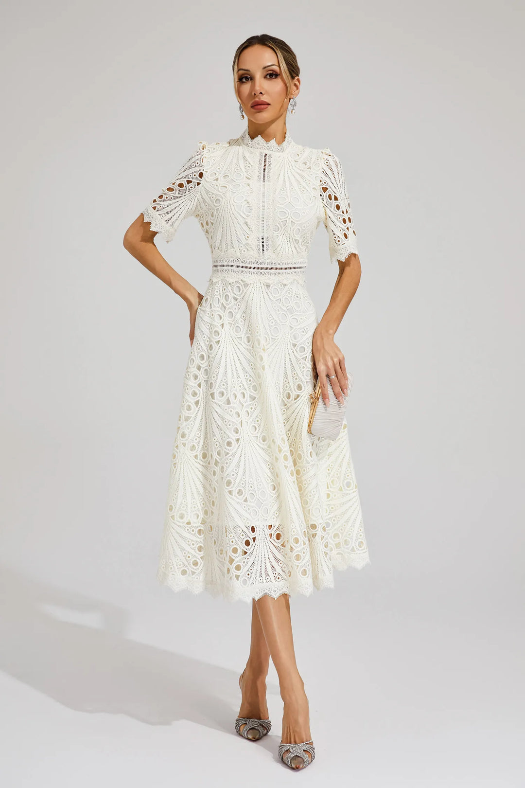Thea | Women's Elegant Eyelet Pattern Midi Dress